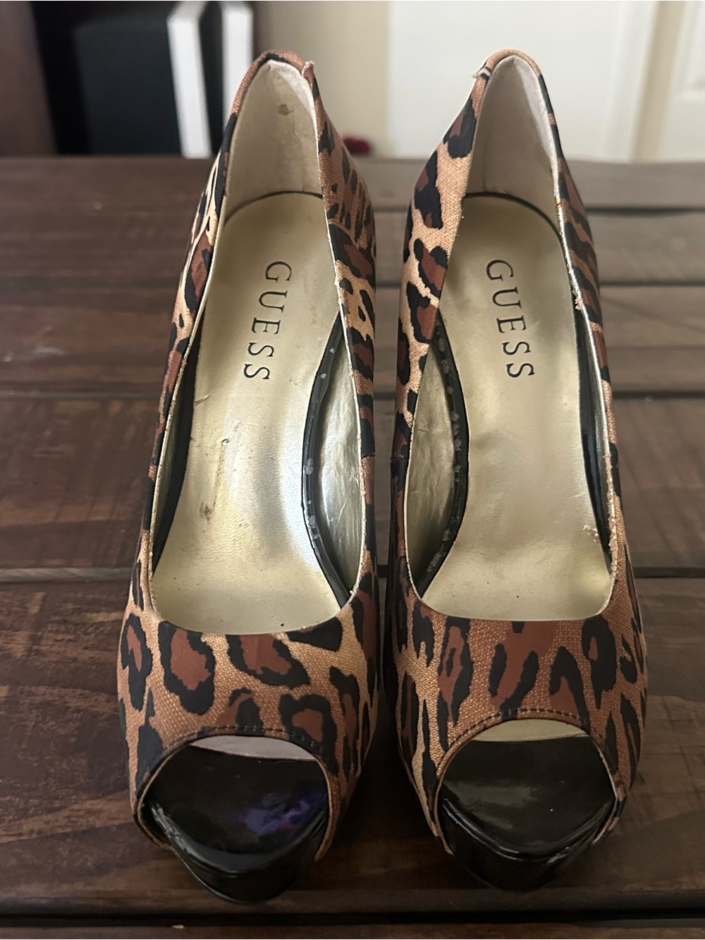 GUESS Leopard-Print Peep-Toe Heels in Brown and Black